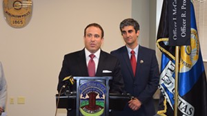 Brandon del Pozo (left), newly appointed as Burlington's  next police chief, speaks Tuesday after being introduced at a press conference by Mayor Miro Weinberger (right).