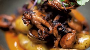 Seared octopus with fingerling potatoes, harissa and chile oil