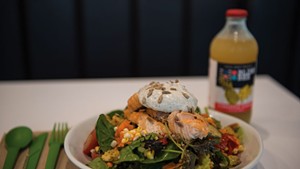 Salmon salad and a pineapple ginger Bliss Bee soda
