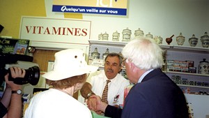 Ruthmary Jeffries and Bernie Sanders greet pharmacist Kevork Ohanian in Montr&eacute;al