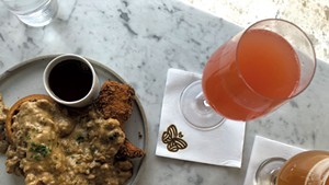 Half order of chicken and waffles at Monarch &amp; the Milkweed, with brunch beverages