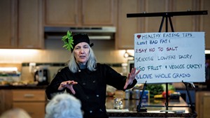 Chef Robin Burnett giving healthy eating tips during a Helping and Nurturing Diverse Seniors workshop at Thayer House in Burlington