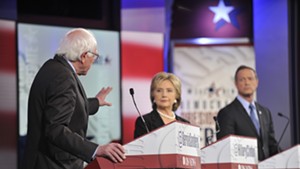 Bernie Sanders, Hillary Clinton and Martin O'Malley at the Drake University debate in Des Moines