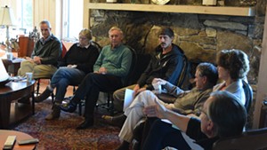 Senate Majority Leader Phil Baruth (D-Chittenden), right, leads the discussion Saturday.