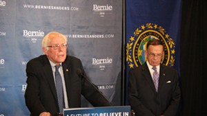 Sen. Bernie Sanders and former senator Paul Kirk speak at a press conference Thursday at Dartmouth College.
