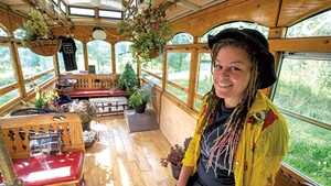 Arantha Farrow in her "Cannaboose" trolley in Hardwick