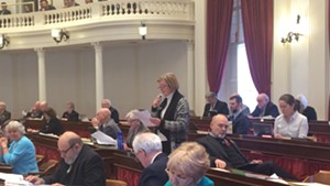 Rep. Mary Sullivan (D-Burlington), lead sponsor of a  resolution calling for pension funds to divest fossil fuel stocks, addresses the House.