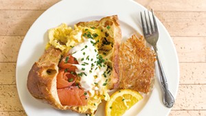 Popover breakfast with scrambled eggs, lemon-shallot cr&egrave;me fra&icirc;che and smoked salmon