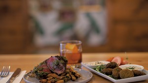 Steak and French fries, an old fashioned cocktail, and falafel from Peg &amp; Ter's