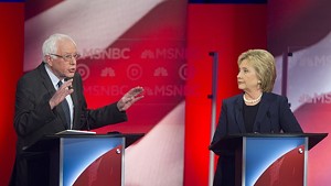 Sen. Bernie Sanders and Hillary Clinton debate last month in New Hampshire.