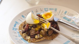 Honey-drizzled ham-and-potato tostada — with optional egg