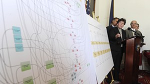 Department of Financial Regulation Commissioner Susan Donegan points to a chart detailing the alleged inappropriate flow of funds within Jay Peak and Q Burke EB-5 projects during a press conference Thursday at the Statehouse.