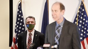 Gov. Phil Scott and Health Commissioner Mark Levine at a press briefing