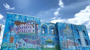 "Rutland City Buildings" mural by Persi Narvaez in downtown Rutland