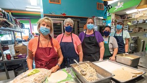 Val Hussey, School food service director, Hardwick; From left: Val Hussey, Debbie DeVoe, Jayme Lowell, Shannon Walker and Ruth McAllister in the kitchen at Hardwick Elementary School