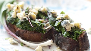 Buttermilk-blue toast with spring greens