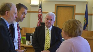 David Williams and Brooks McArthur, attorneys for Sen. Norm McAllister, (left) talk with Franklin County State’s Attorney Jim Hughes and Deputy State’s Attorney Diane Wheeler.