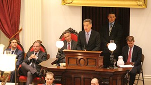 Gov. Peter Shumlin addresses a joint assembly of the Vermont House and Senate early Saturday morning.
