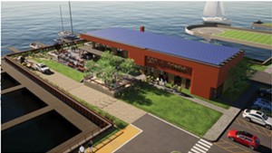 An architect's rendering of a new restaurant proposed for Lake Champlain Transportation Co.'s ferry dock in Burlington