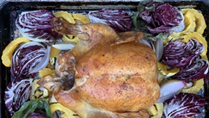 Roast chicken with raddichio, shallot and delicata squash in process