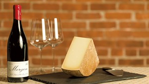 Jasper Hill Alpha Tolman cheese and a bottle of Marcel Lapierre's Morgon from Dedalus Wine Shop, Market &amp; Wine Bar