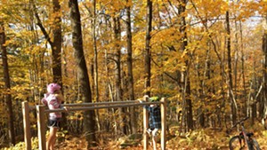 Dillon (left) and Harper play on parallel bars in the woods of Trapp Family Lodge