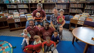 Members of Dad Guild with their kids at a monthly playgroup at the Fletcher Free Library in Burlington