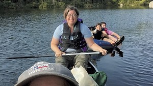 Cathy, Ann-Elise, Ginger, Ivy and Graham at Kettle Pond in 2018