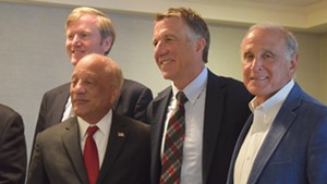 Republicans on Wednesday rallied for party unity. From left to right: Scott Milne, U.S. Senate candidate; Randy Brock, lieutenant governor candidate; Phil Scott, candidate for governor; and Bruce Lisman.