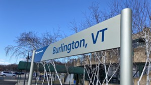 An Amtrak station sign in Burlington