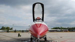 A U.S. Air Force Thunderbird jet at the Vermont Air National Guard base in South Burlington.