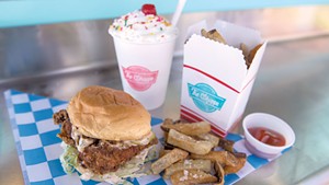 Fried chicken sandwich, milkshake and fries at the Shoppe Food Truck