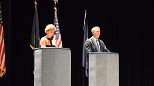 Democrat Sue Minter and Republican Phil Scott, candidates for governor, debate in Randolph on Monday.