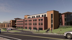 A rendering of a new Burlington High School and Technical Center, looking northwest