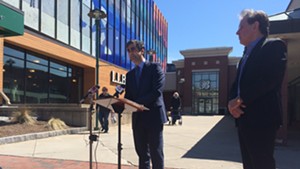 Mayor Miro Weinberger announced his TIF proposal with Don Sinex outside the Burlington Town Center.