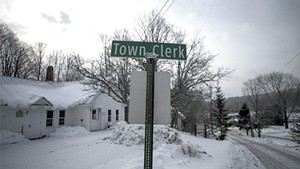 A sign marking the offices of the Brookfield town clerk