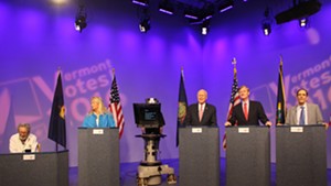 Peter Diamondstone, Cris Ericson, Sen. Patrick Leahy, Scott Milne and Jerry Trudell at a Vermont PBS debate Thursday night in Colchester