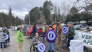 Members of the Goddard College staff union on strike on Friday