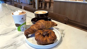 Chocolate croissant and plain croissant with Aztec mocha and latte at Lake Champlain Chocolates