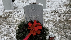 A wreath on Virginia Sweetser's grave