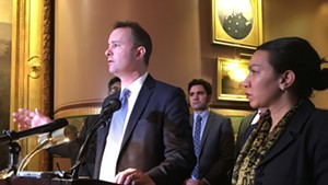 Attorney General T.J. Donovan, Jay Diaz of the Vermont ACLU and Kesha Ram at Wednesday’s announcement