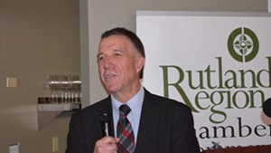 Gov. Phil Scott addresses business leaders Monday in Rutland.