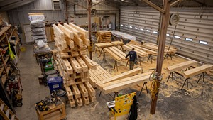 Timber framer Ronnie Stetson in the Vermont Frames workshop in Starksboro