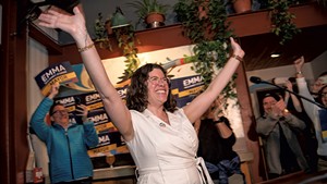 Emma Mulvaney-Stanak celebrating her election