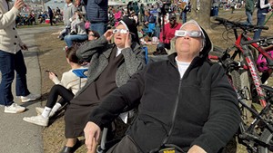 Sr. Lois (left) and Sr. Christopher, Carmelite Sisters for the Aged and Infirm, drove from New York's Hudson Valley to watch the eclipse at Perkins Pier in Burlington.