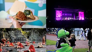 From left, clockwise:  The stuffed focaccia sandwich at Fancy's; Seun Kuti &amp; Egypt 80 at Burlington Discover Jazz Festival; Champ with a young fan at a Vermont Lake Monsters game.; a photo on display at the Kents Corner State Historic Site