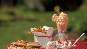 Hot dog, double cheeseburger, quart of fries, banana split and Maple Madness sundae at Al's French Frys