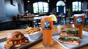 From left: Chicken Schnitzel Sandy, fries, E-Z Betty Spaghett, BLT and Switchback Ale at Switchback Brewing's Beer Garden & Tap House