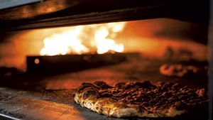 Pizza in the oven at Myer's Wood Fired