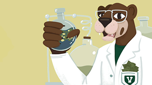 Illustration of a UVM catamount dressed in a lab coat filled with cash holding a chemistry beaker